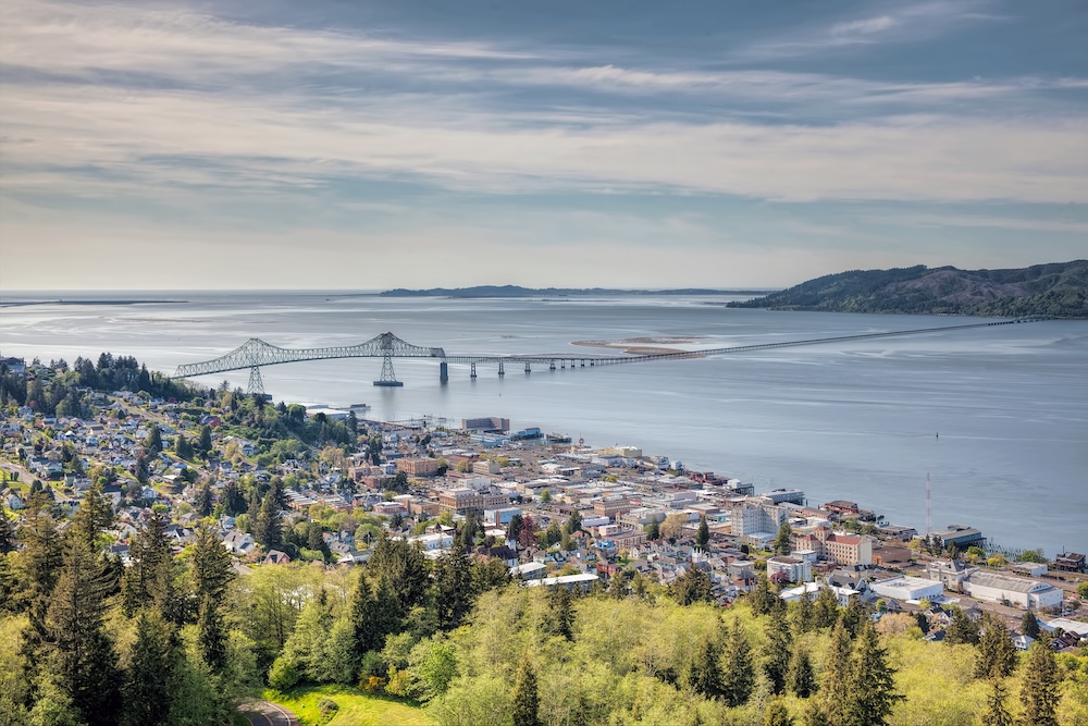 View of the Astoria-Megler bridge in Astoria, Oregon from high above the town.